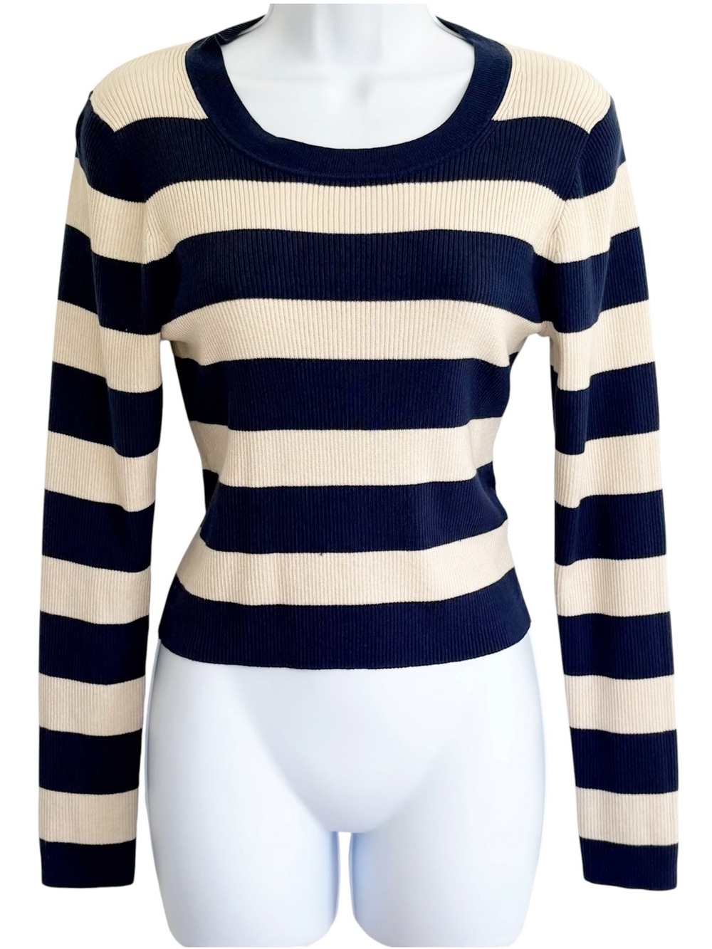 J.CREW Navy Cream Striped Ribbed Sweater Nautical Preppy Medium